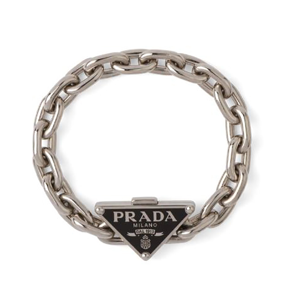 Close-up of Prada Women Symbole Bracelet 925 Sterling Silver black enamel detail