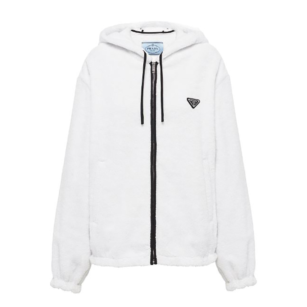 Front view of Prada Women Terry Cloth Hoodie-White with zipper closed