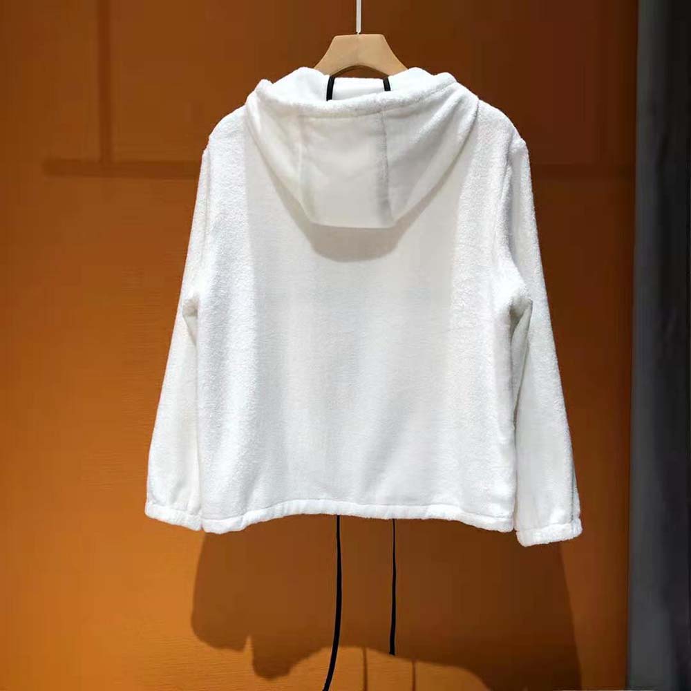 Side angle showing relaxed fit of Prada Women Terry Cloth Hoodie-White