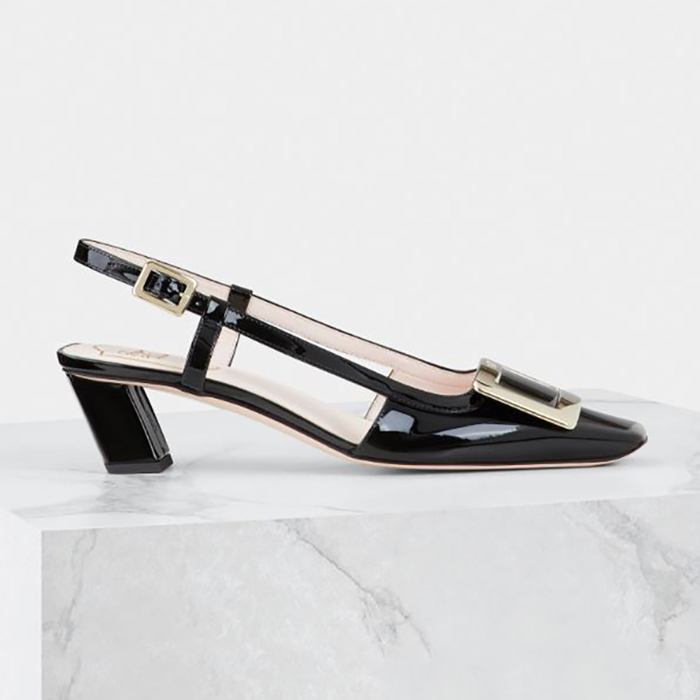 Side profile of Roger Vivier Women Belle Vivier Metal Buckle Slingback Pumps in black patent leather