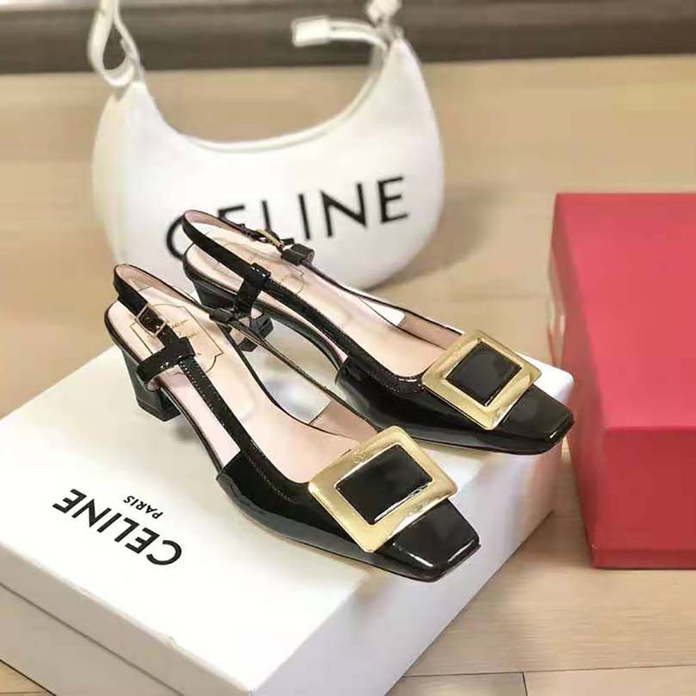 Close-up of metal buckle detail on Roger Vivier Belle Vivier Slingback Pumps