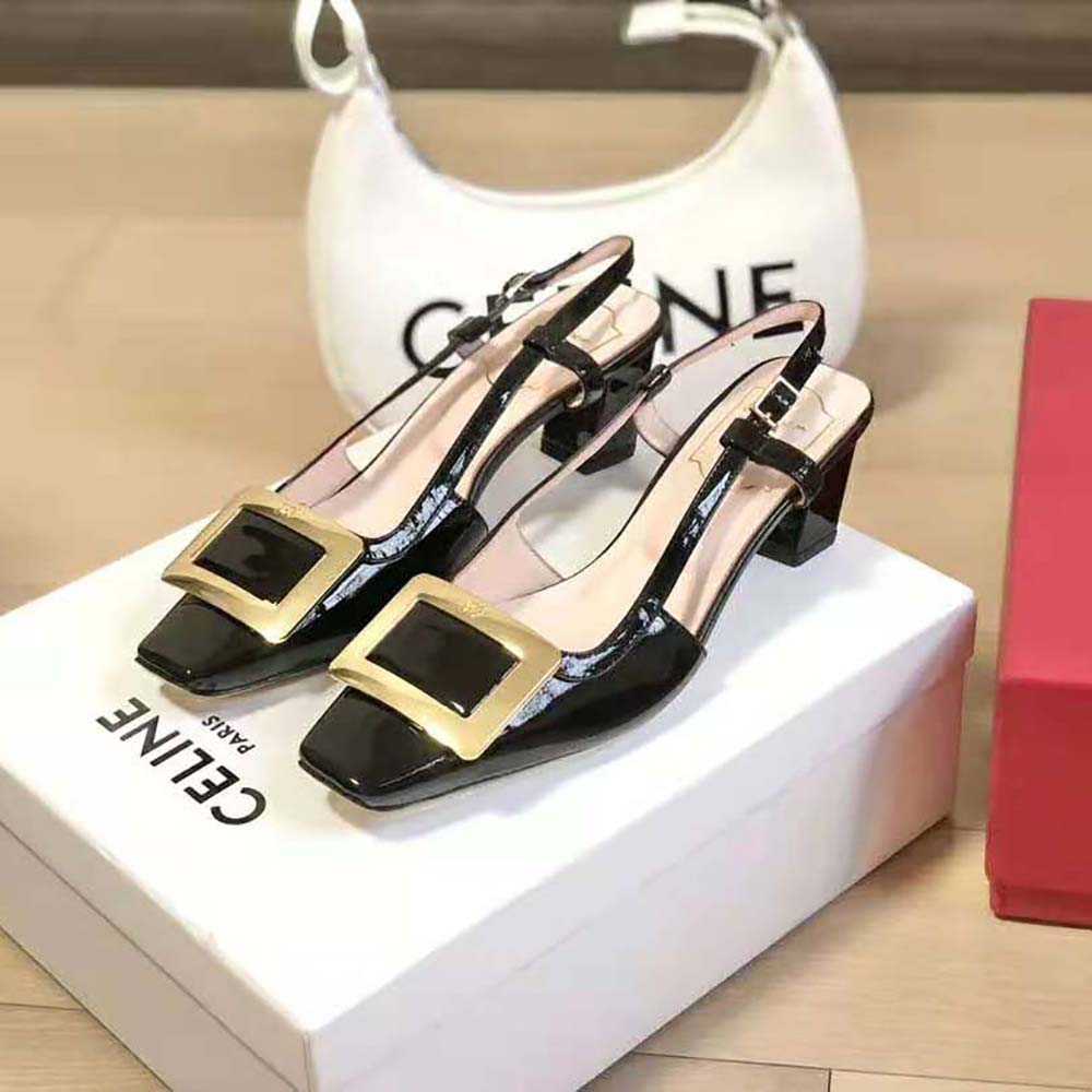 Rear angle showing slingback strap and heel of Roger Vivier Metal Buckle Pumps