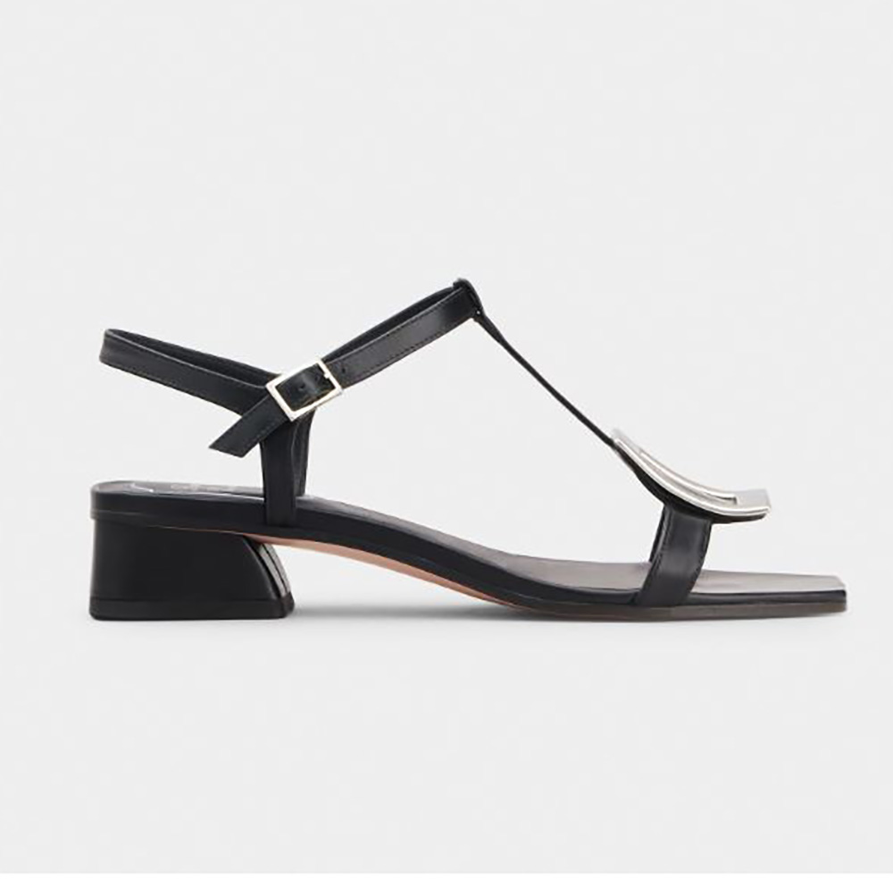 Side view of Roger Vivier Women Bikiviv’ Metal Buckle Sandals in Leather-Black