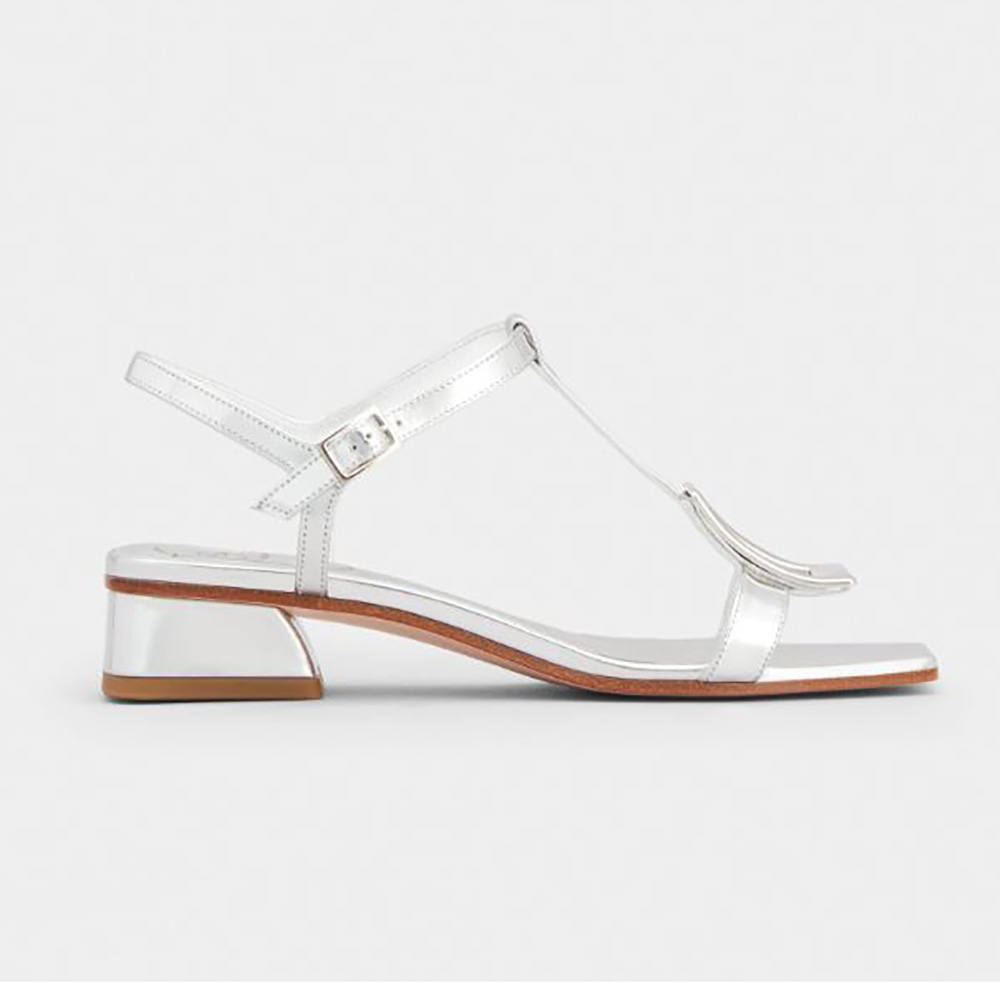 Side view of Roger Vivier Women Bikiviv’ Metal Buckle Sandals in Leather-Silver