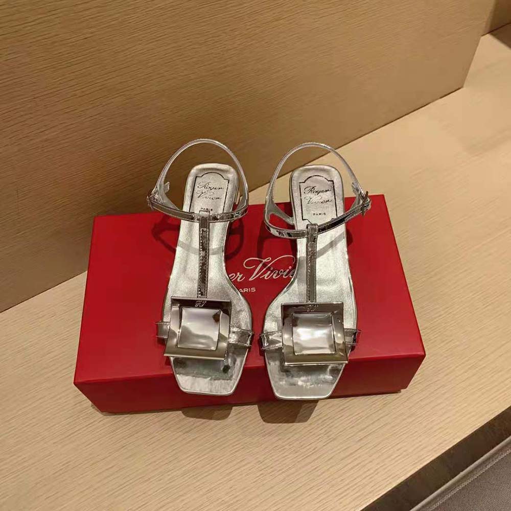 Top view showing sleek silver leather and heel on Roger Vivier sandals
