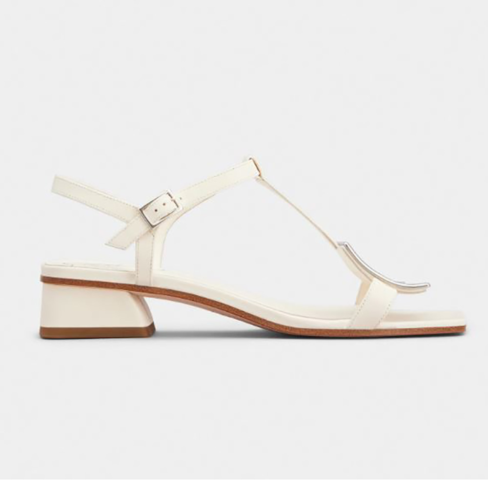 Side view of Roger Vivier Women Bikiviv’ Metal Buckle Sandals in Leather-White