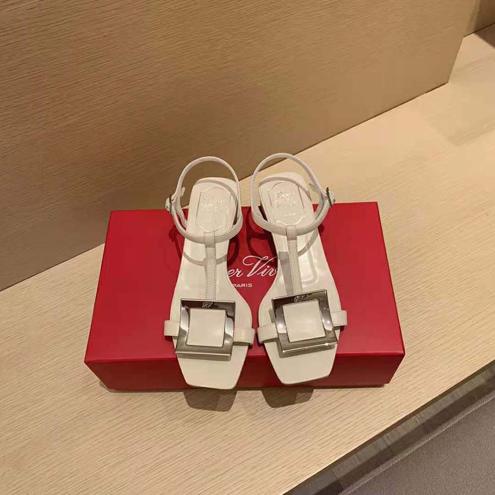 Top-down shot showing white leather and heel on Roger Vivier Women Bikiviv’ Sandals