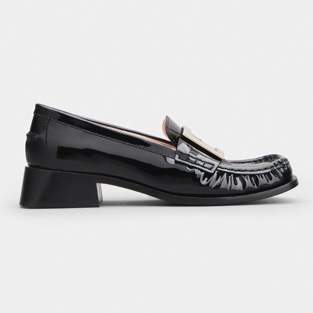 Side view of Roger Vivier Women Preppy Viv’ Metal Buckle Loafers in Patent Leather-Black