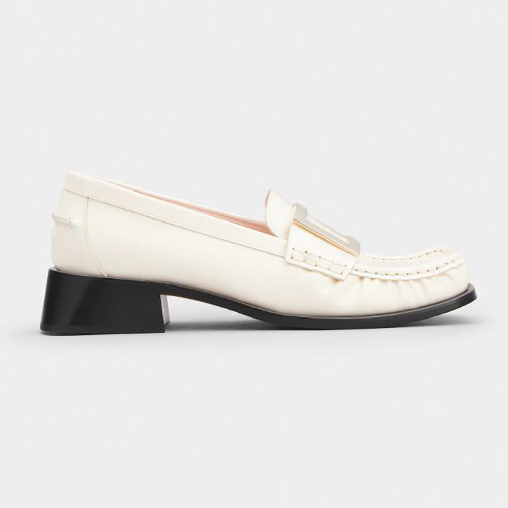 Side view of Roger Vivier Women Preppy Viv’ Metal Buckle Loafers in Patent Leather-White