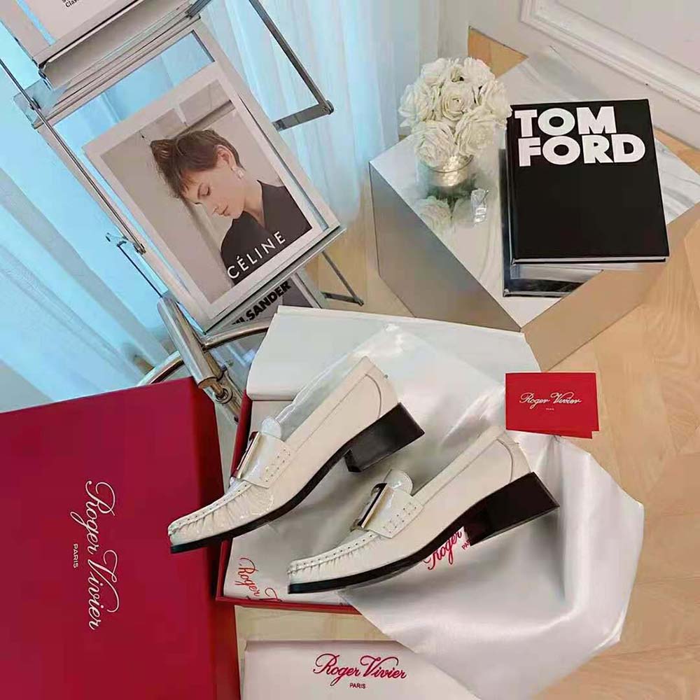 Roger Vivier Women Preppy Viv’ Metal Buckle Loafers in Patent Leather-White - image 7