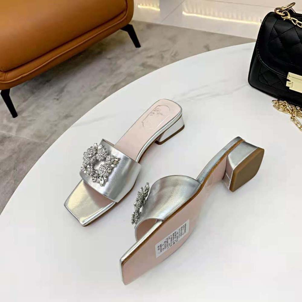 Roger Vivier Women RV Bouquet Strass Buckle Mules in Soft Leather - image 4