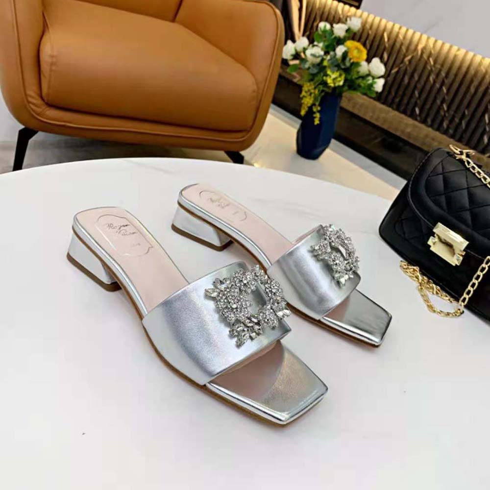 Rear view of mid-height heel on Roger Vivier RV Bouquet Strass Buckle Mules