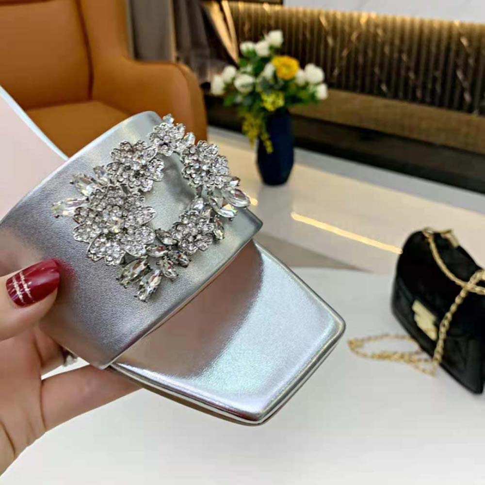 Roger Vivier Women RV Bouquet Strass Buckle Mules in Soft Leather - image 9