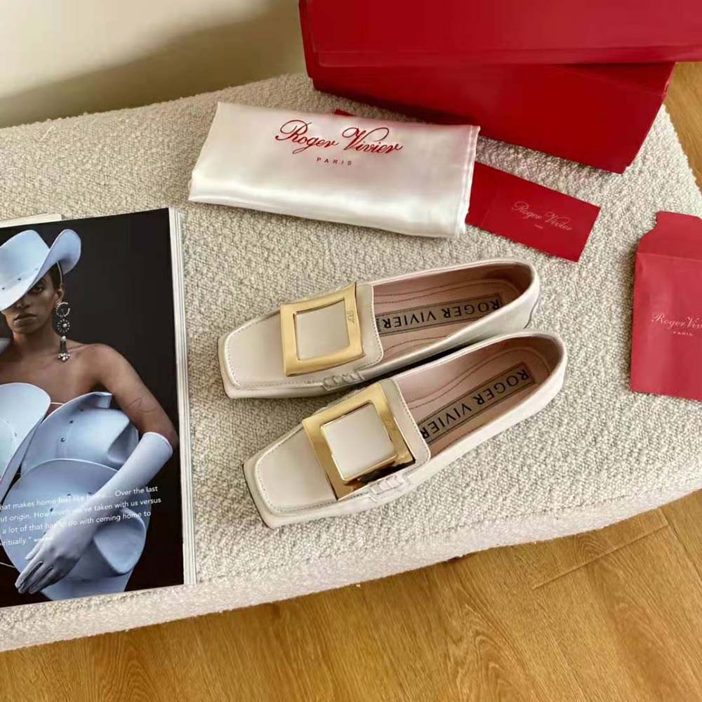 Top-down angle showing insole and leather texture of Roger Vivier Viv’ Driver Loafers