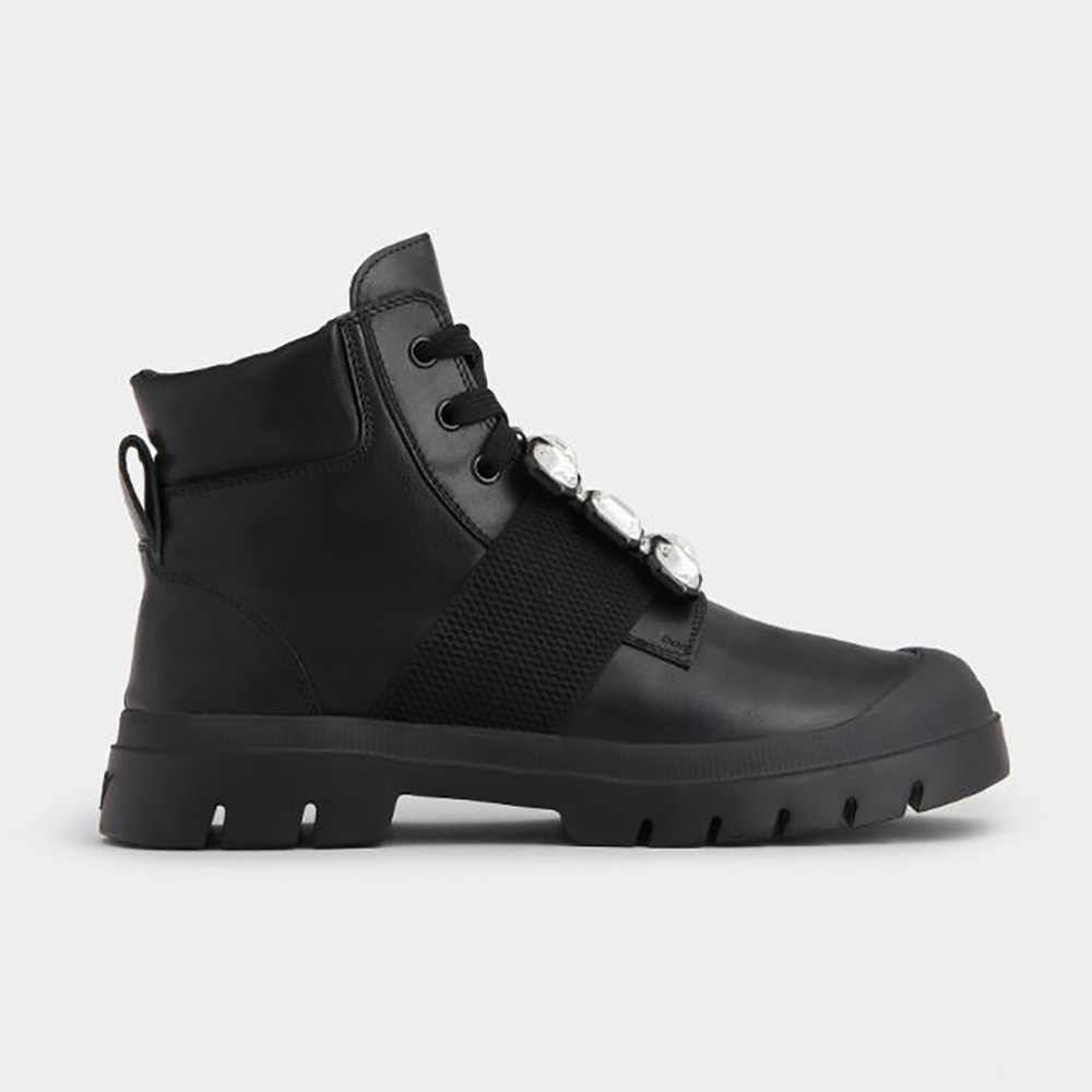 Side view of Roger Vivier Women Walky Viv’ Lace Up Strass Buckle Booties in leather