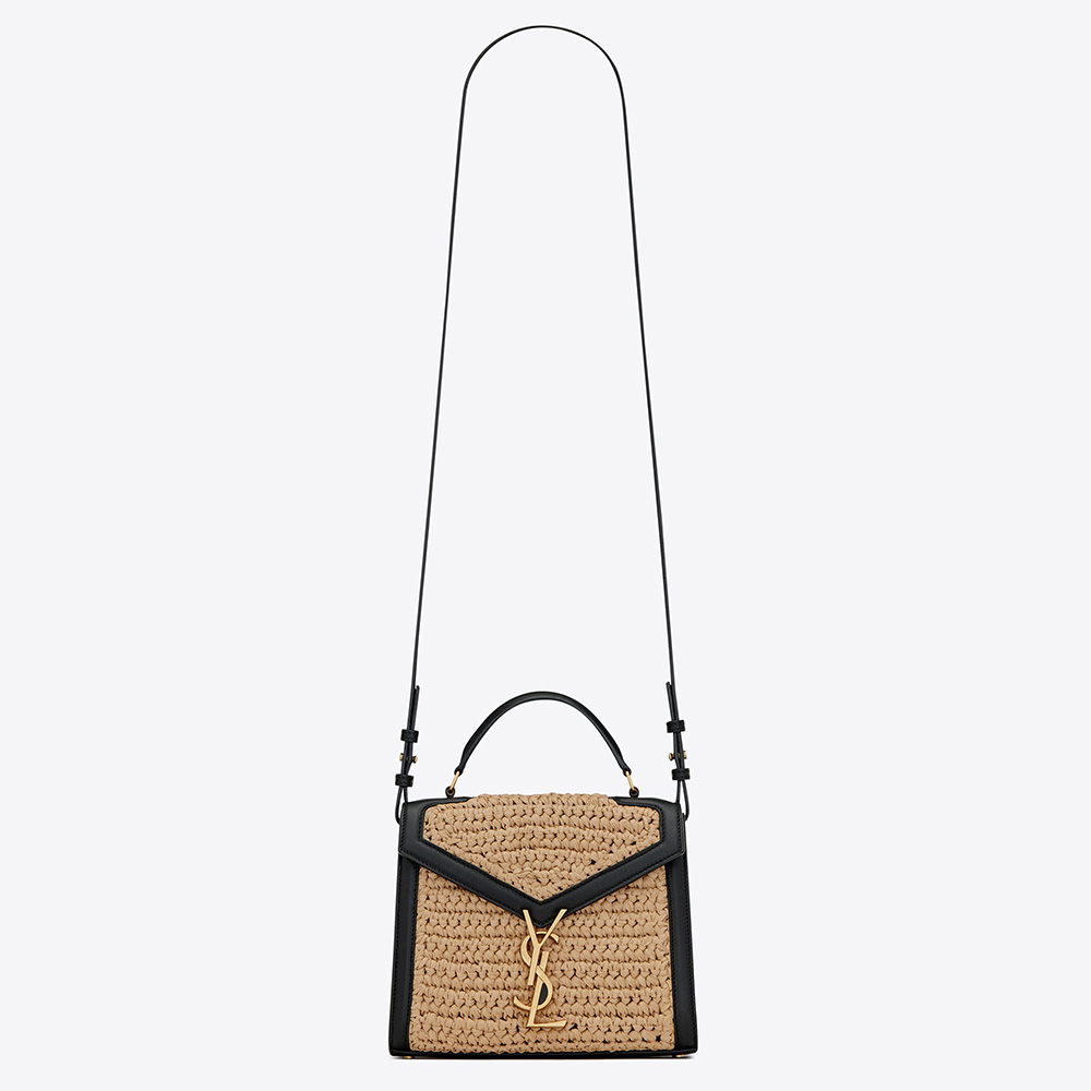 Saint Laurent YSL Women Cassandra Mini Top Handle Bag in Raffia and Leather
