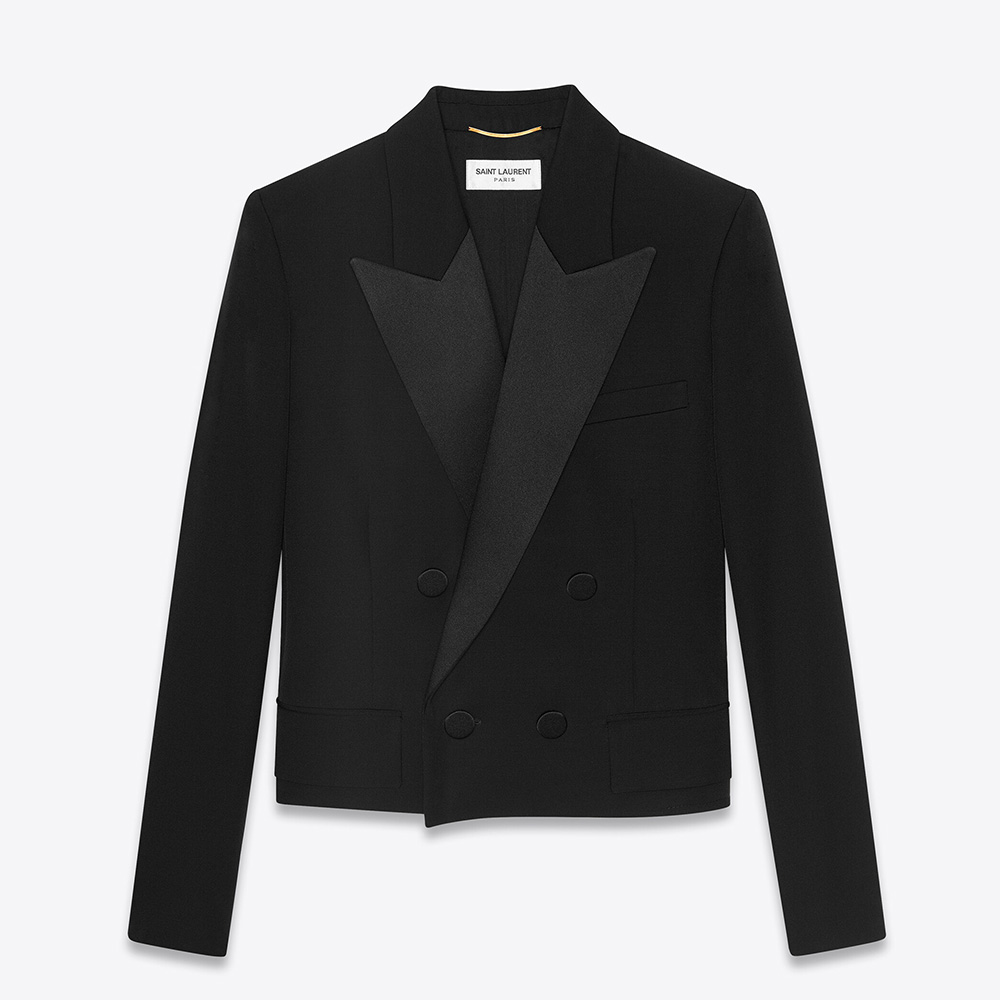 Front view of Saint Laurent YSL Women Cropped Tuxedo Jacket in black