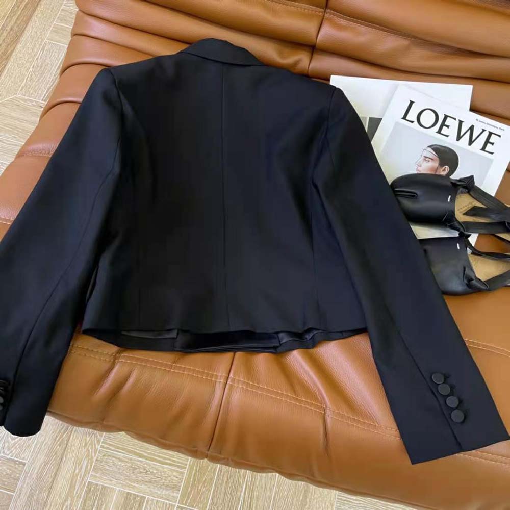 Side profile of Saint Laurent YSL Women Cropped Tuxedo Jacket showing cropped silhouette