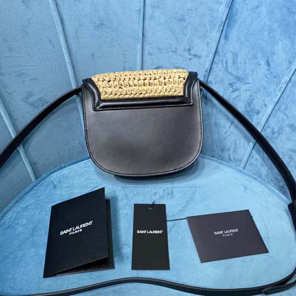 Side profile showing raffia texture and leather trim of Kaia Small Satchel