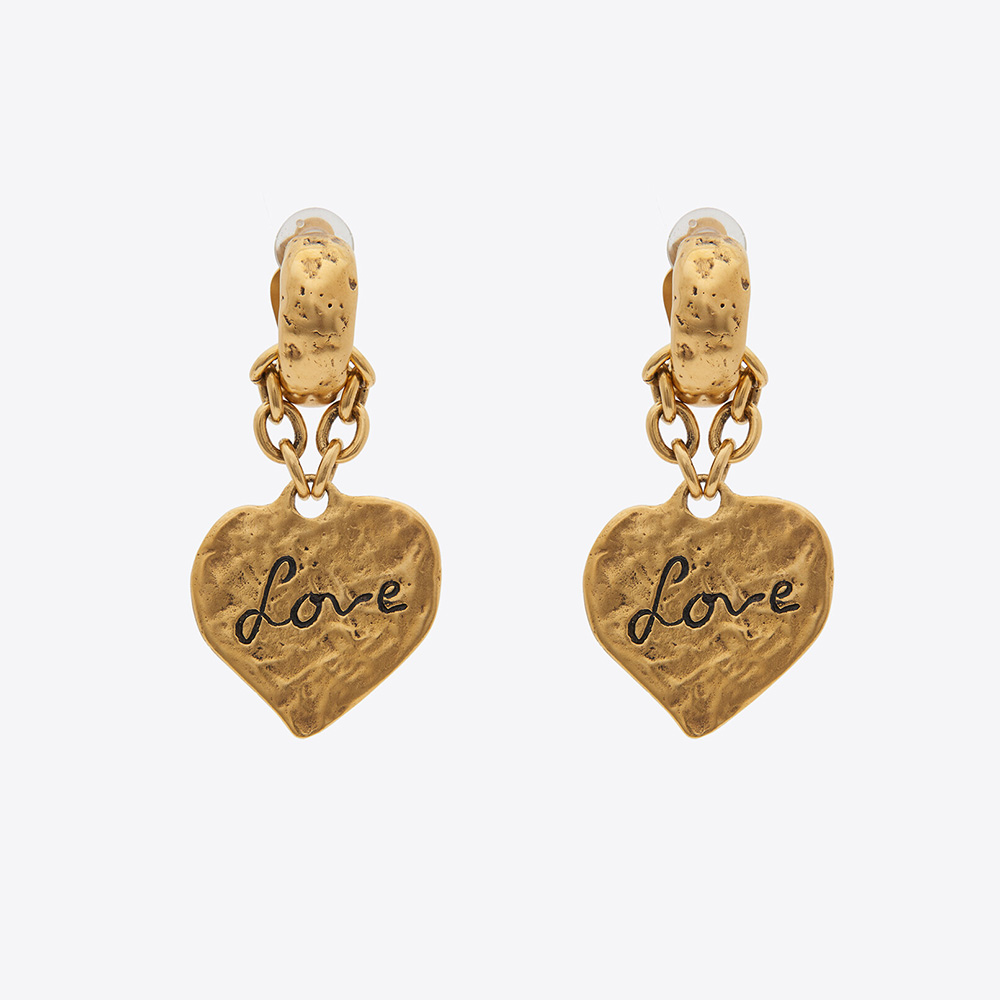 Front view of Saint Laurent YSL Women Love Heart Pendant Earrings gold metal
