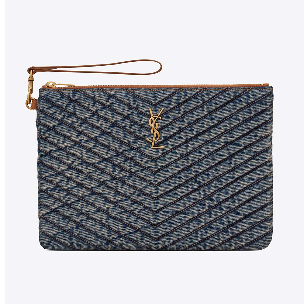 Front view of Saint Laurent YSL Women Monogram Tablet Pouch in blue denim