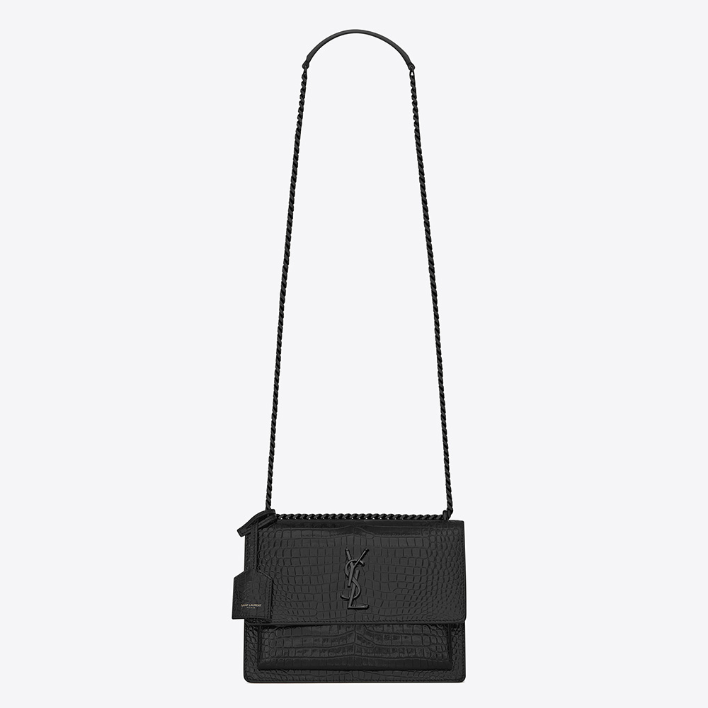 Saint Laurent YSL Women Sunset Medium in Crocodile Embossed Shiny Leather-Black