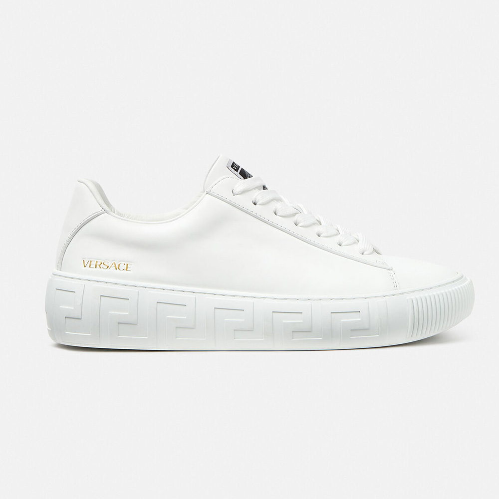Side angle of Versace Women A Classic Low Top Greca Sneakers-White showing Greca detail