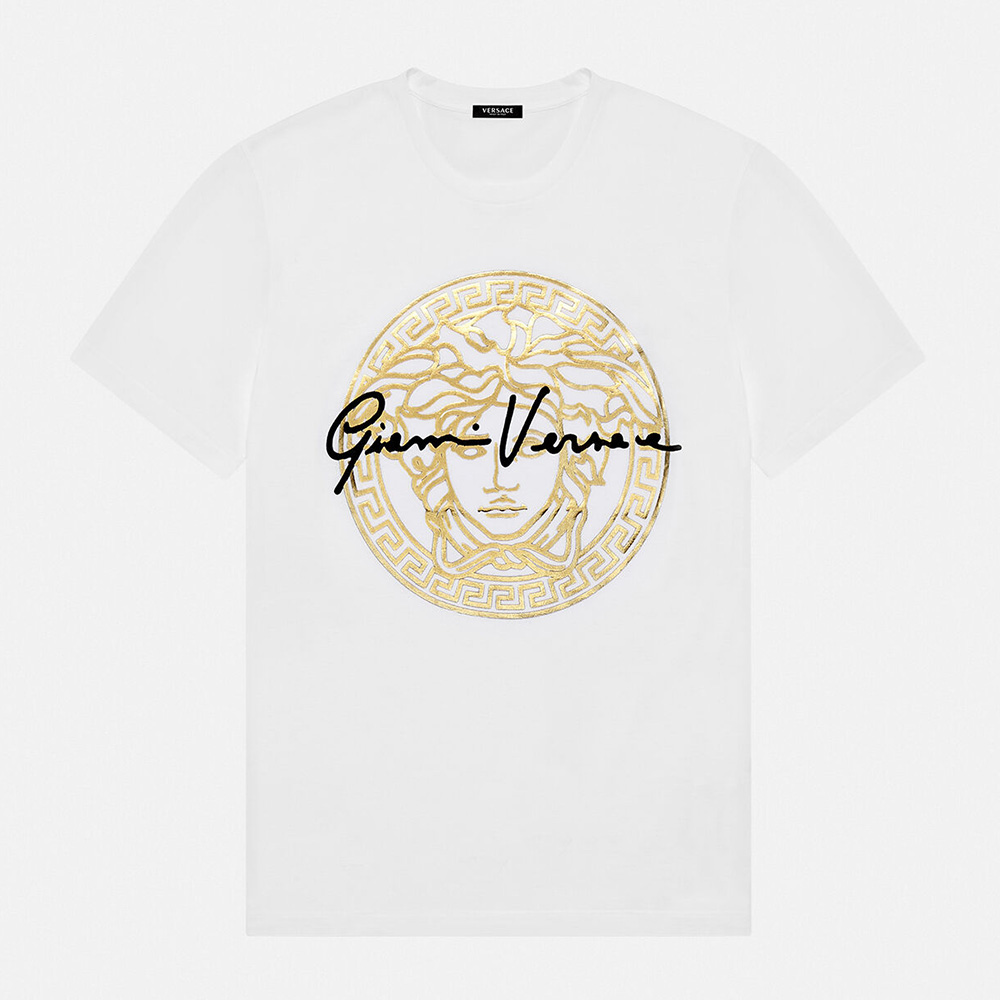Front view of Versace Men GV Signature Medusa T-shirt-White showcasing logo