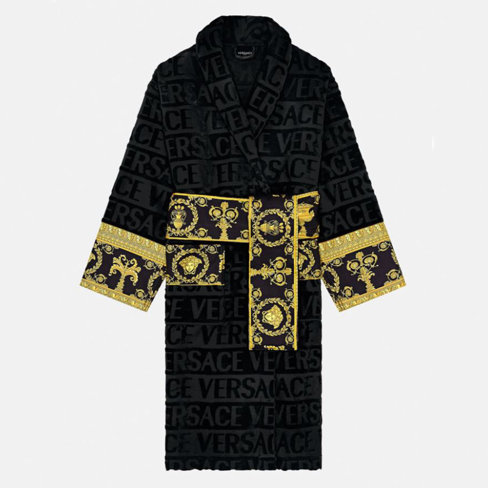 Front view of Versace Women I Baroque Bathrobe-Black showcasing Baroque print