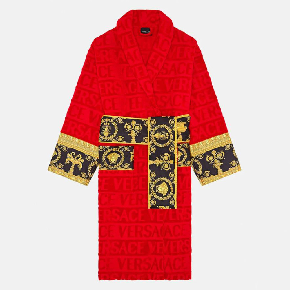 Front view of Versace Women I Baroque Bathrobe-Red with tie closure