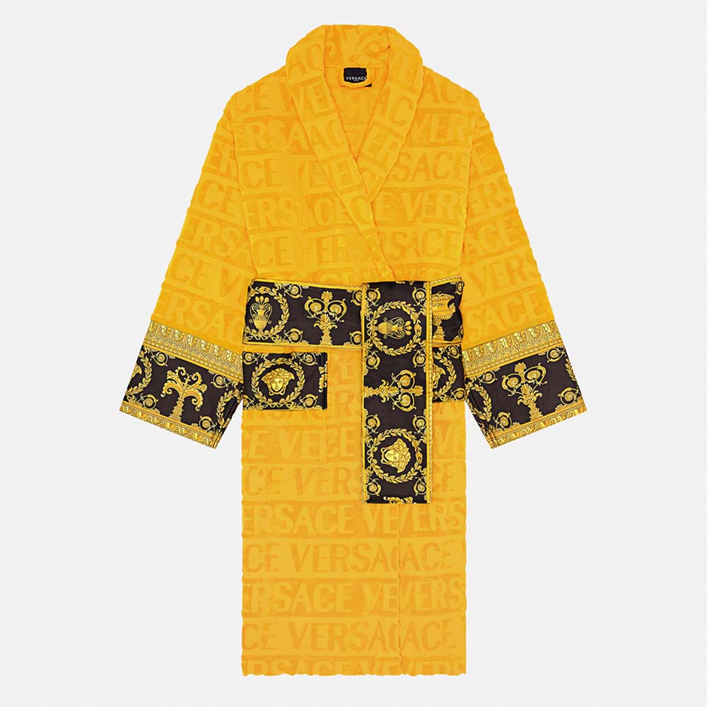 Front view of Versace Women I Baroque Bathrobe-Yellow with tied belt