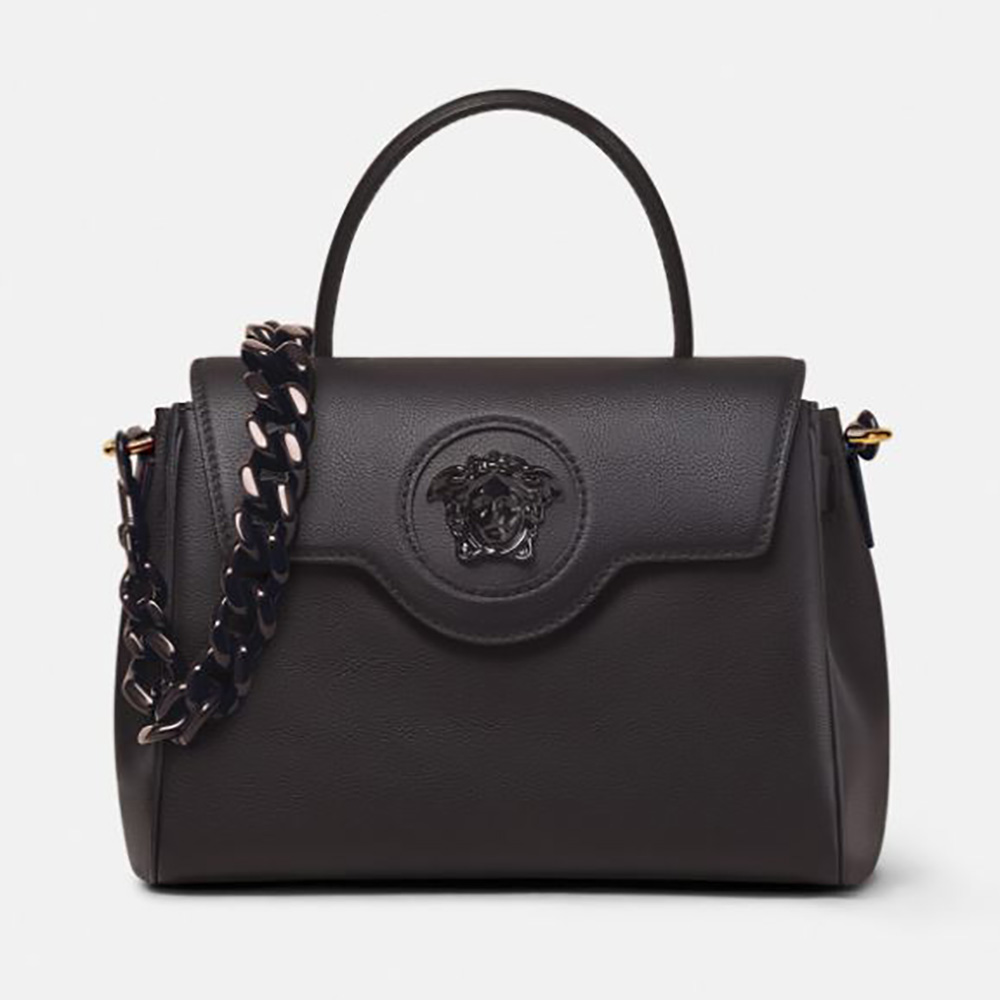 Front view of Versace Women La Medusa Medium Handbag Crafted From Premium leather-Black
