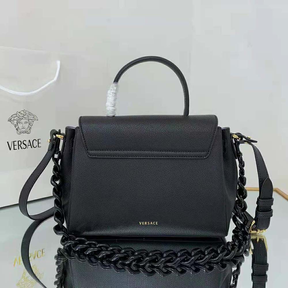 Side angle showing silhouette and smooth leather of Versace Women La Medusa Medium Handbag