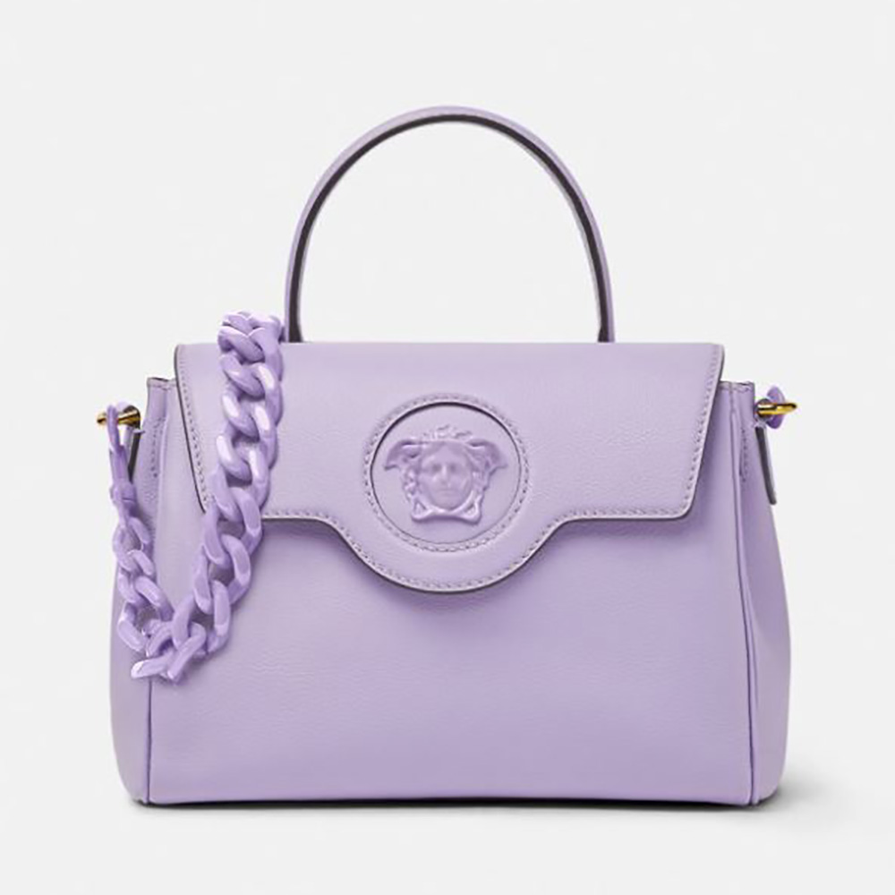 Front view of Versace Women La Medusa Medium Handbag in purple leather