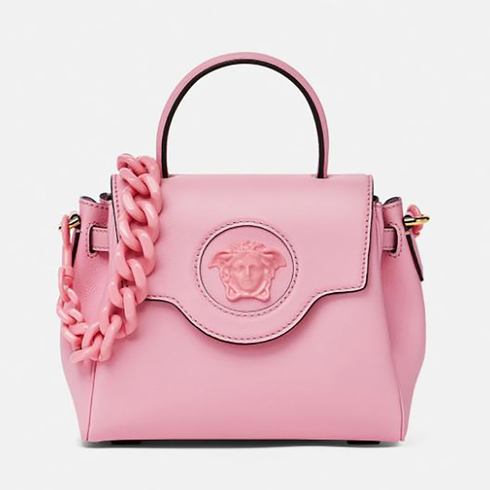 Front view of Versace Women La Medusa Small Handbag Crafted From Premium Leather-Pink with gold Medusa emblem