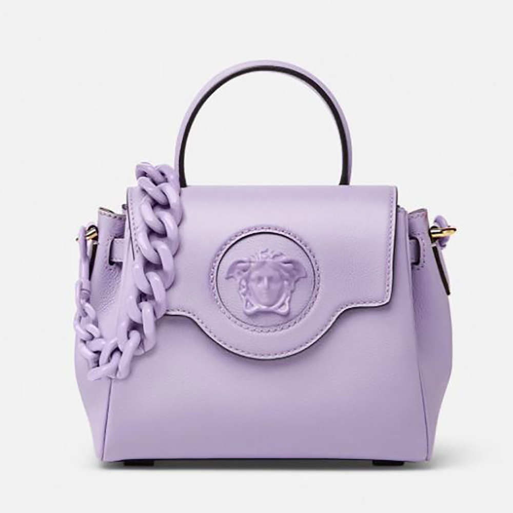 Front angle of Versace Women La Medusa Small Handbag Crafted From Premium Leather-Purple showing gold Medusa detail