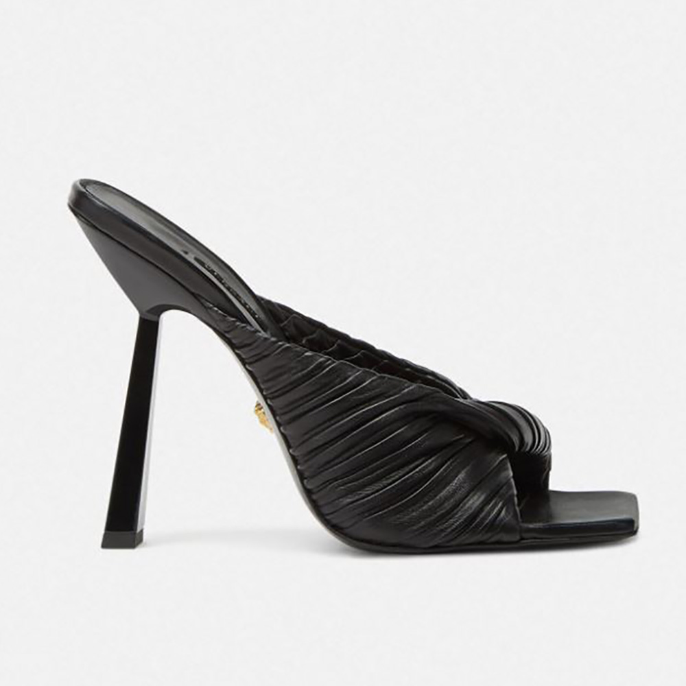 Side profile of Versace Women Plisse Nappa Leather Mules in 11cm Heel-Black