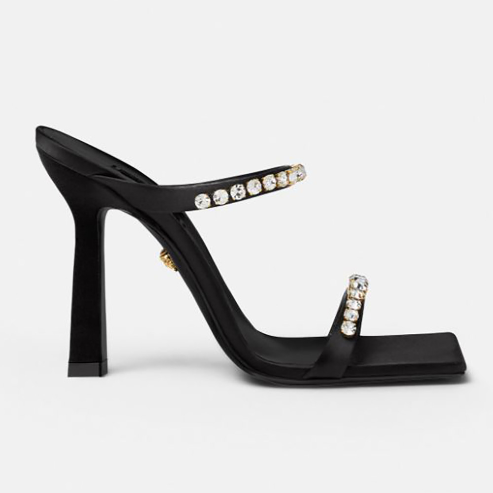 Side view of Versace Women Rhinestone Mules in 105mm Heel Height-Black