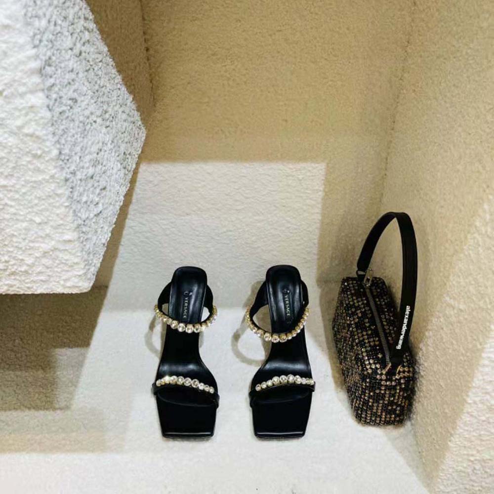 Back view showing heel and gold Medusa hardware on Versace Women Rhinestone Mules