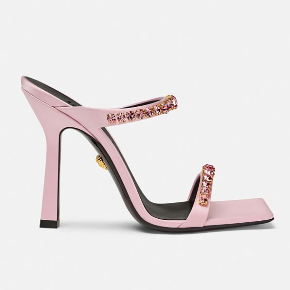 Side view of Versace Women Rhinestone Mules in 105mm Heel Hight-Pink