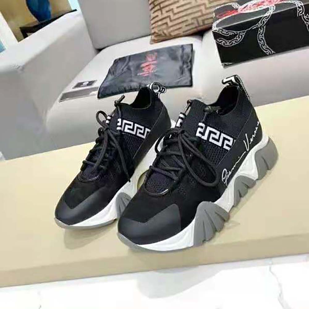 Top view of Versace Women Squalo Knit Sneakers-Black with lace-up closure