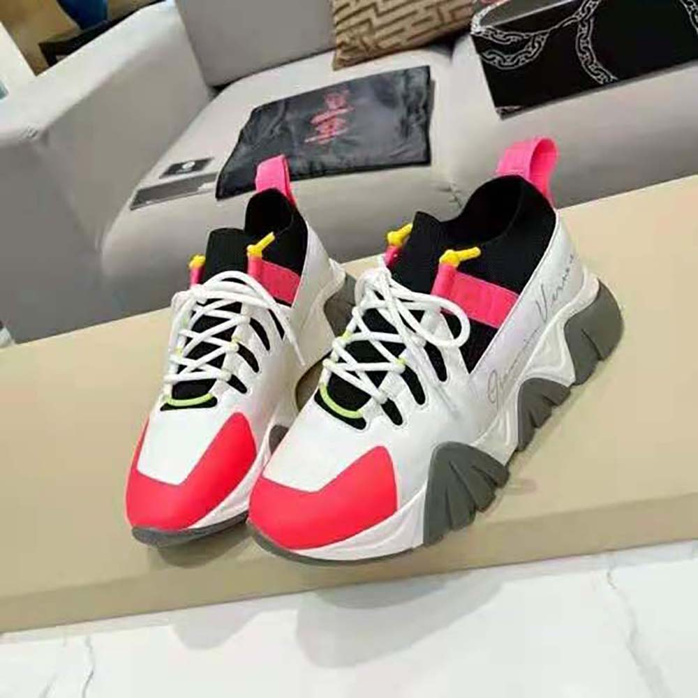 Top angle highlighting breathable knit fabric of Versace Women Squalo Knit Sneakers-Pink