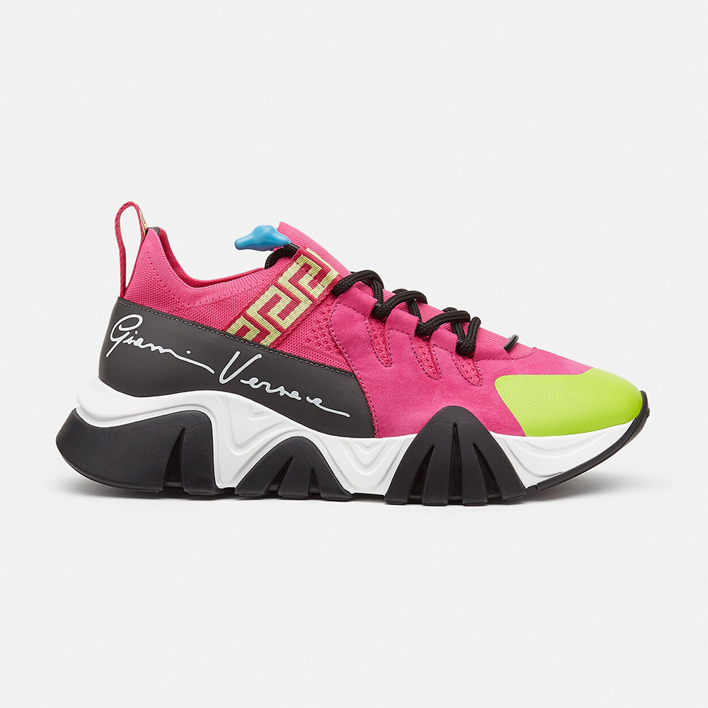 Side view of Versace Women Squalo Knit Sneakers-Rose showing silhouette