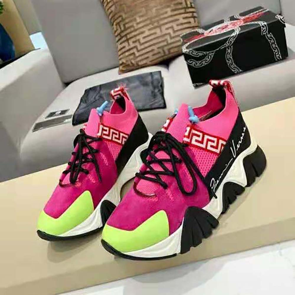 Top view of Versace Women Squalo Knit Sneakers-Rose lace-up closure