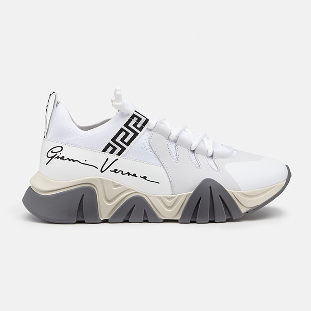 Side view of Versace Women Squalo Knit Sneakers-White showing silhouette