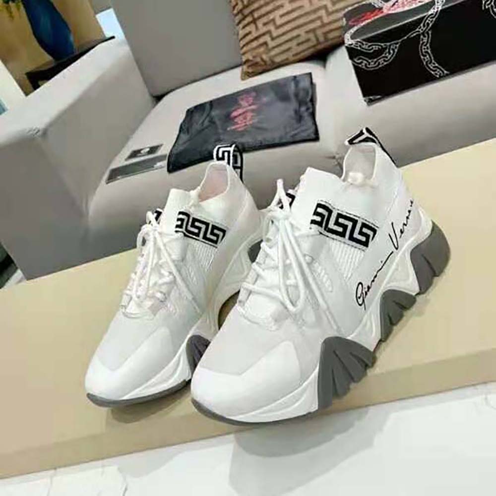 Top angle highlighting knit texture on Versace Women Squalo Knit Sneakers-White