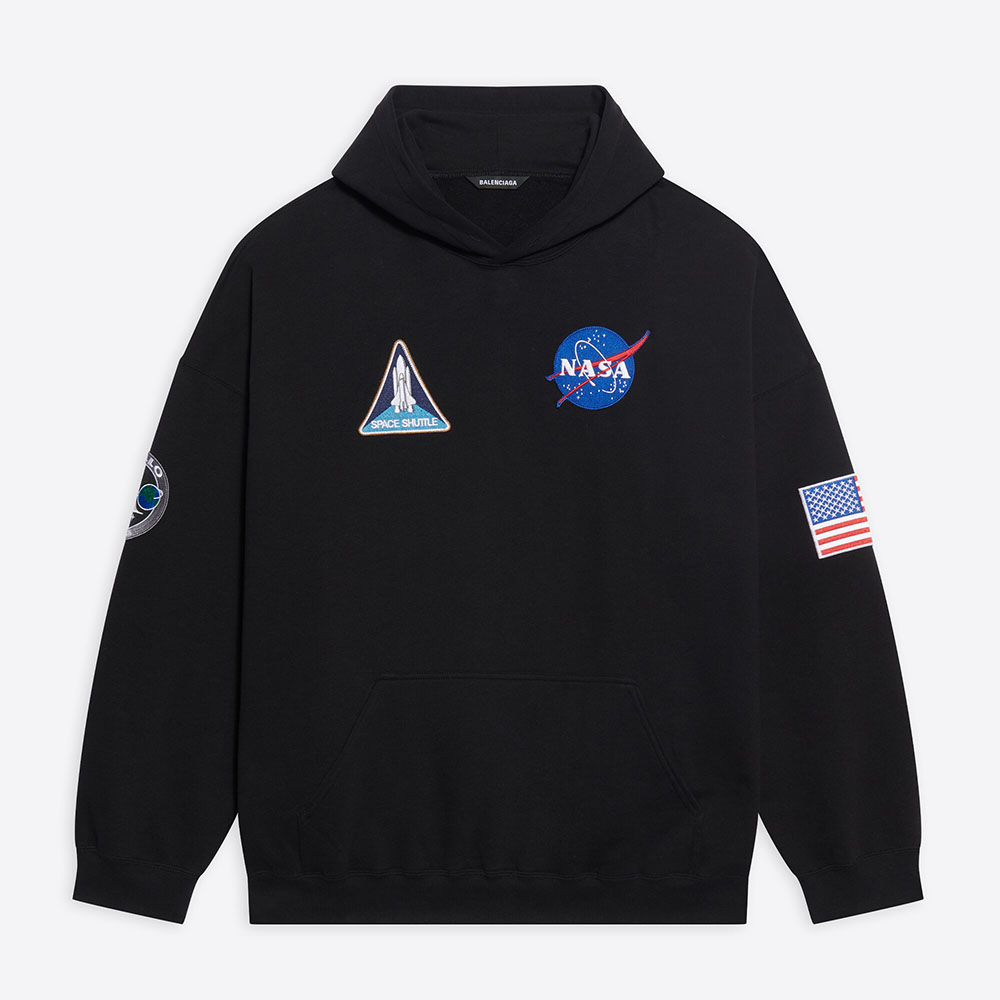 Front view of Balenciaga Women Space Boxy Hoodie in Black Medium Fleece