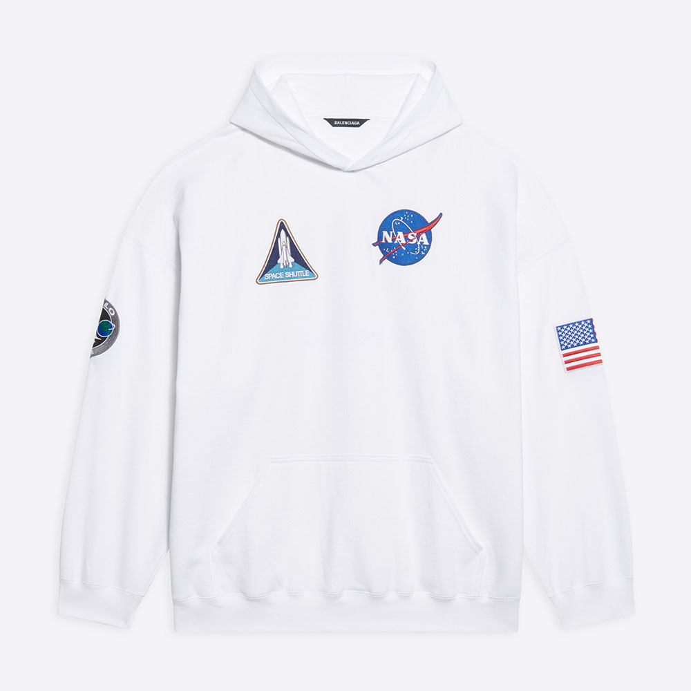 Front view of Balenciaga Women Space Boxy Hoodie in White Medium Fleece
