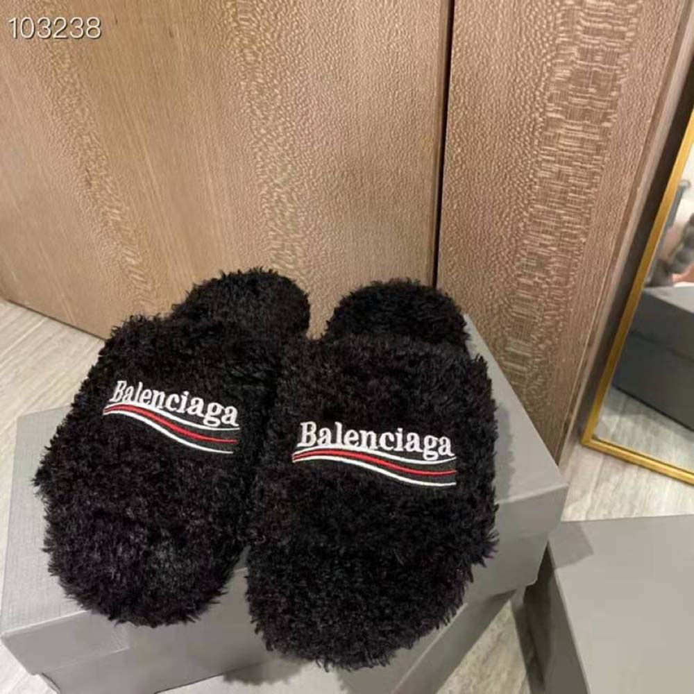 Balenciaga Women Furry Slide Sandal in Black Fake Shearling white Political Campaign Embroideries - image 4