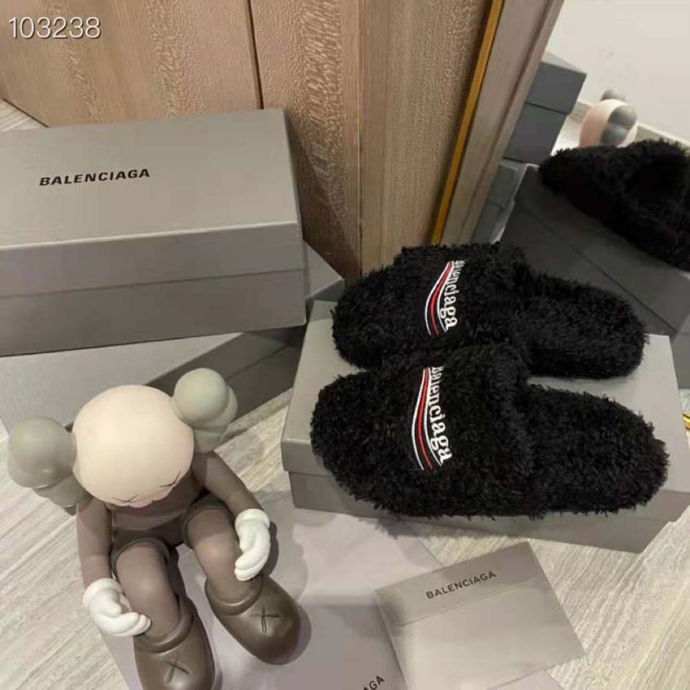 Balenciaga Women Furry Slide Sandal in Black Fake Shearling white Political Campaign Embroideries - image 5